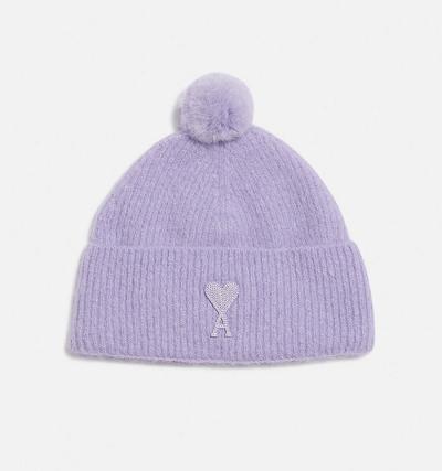 Ami Paris Ami De Coeur with Pom Pom Beanies Purple | ami-MY614