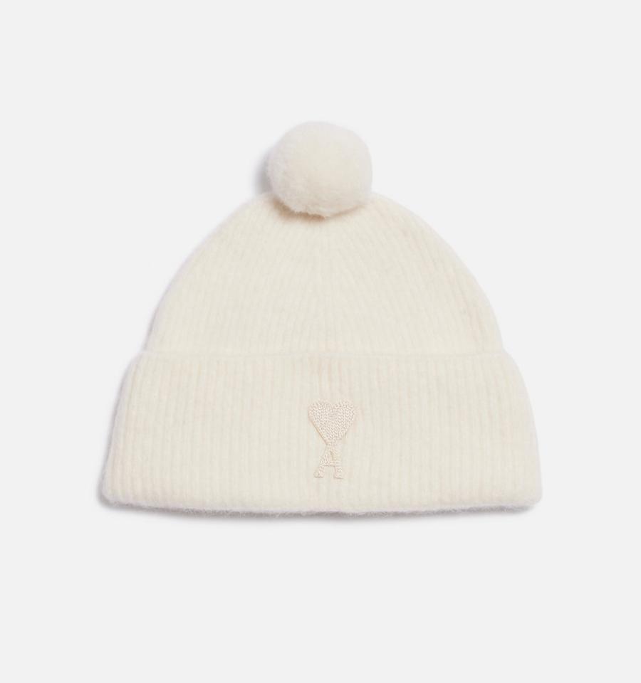 Ami Paris Ami De Coeur with Pom Pom Beanies Beige | ami-MY534