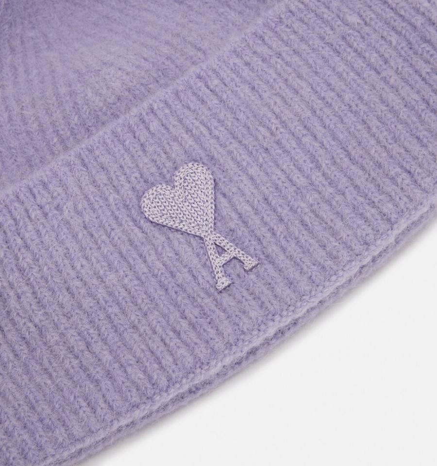 Ami Paris Ami De Coeur with Pom Pom Beanies Purple | ami-MY614