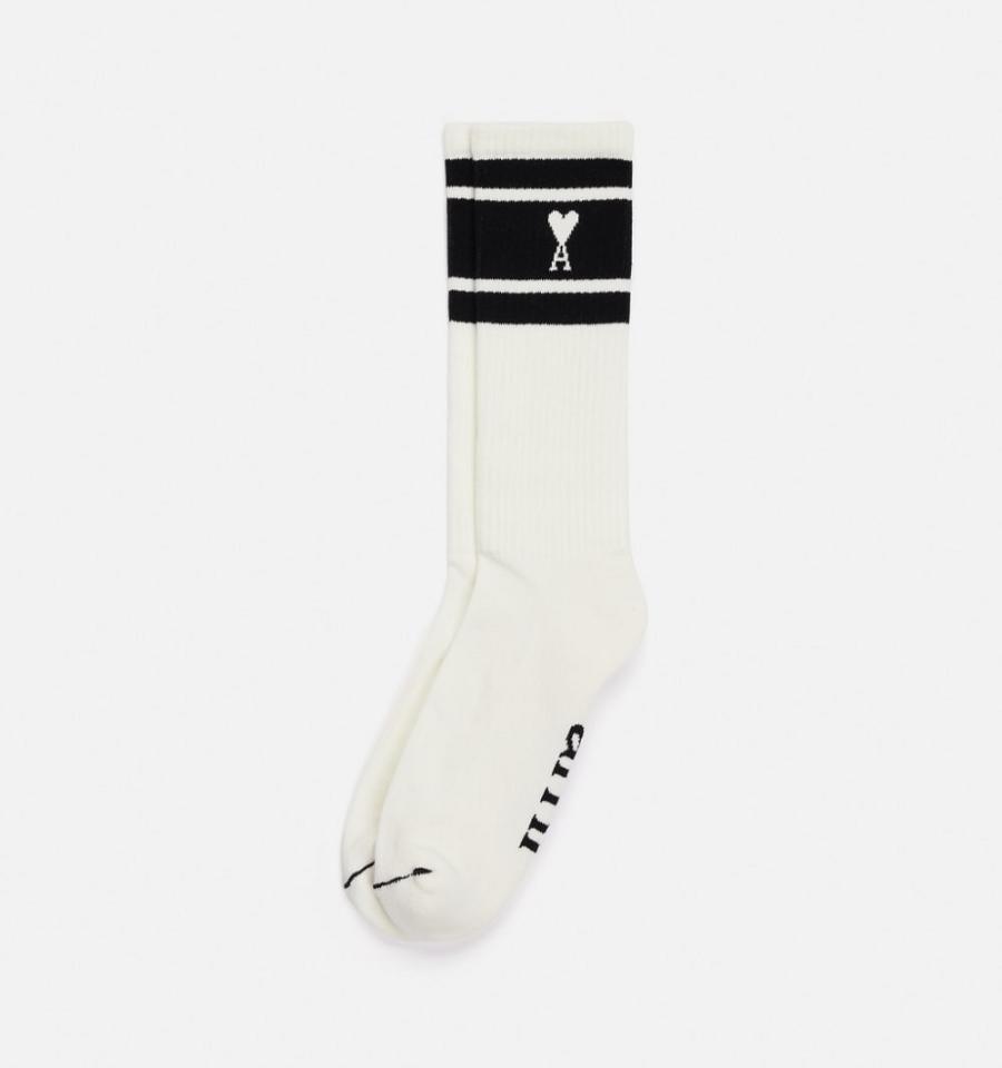 Ami Paris Ami de Coeur Striped Socks White / Black | ami-MY264