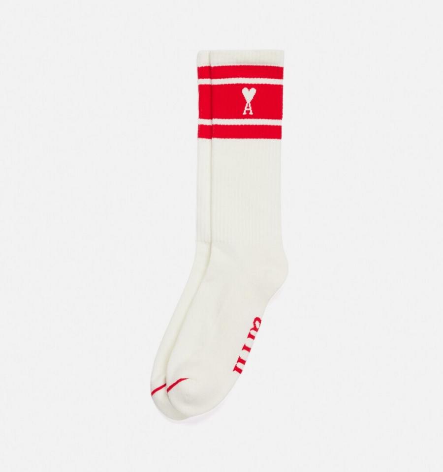 Ami Paris Ami de Coeur Striped Socks White / Red | ami-MY292