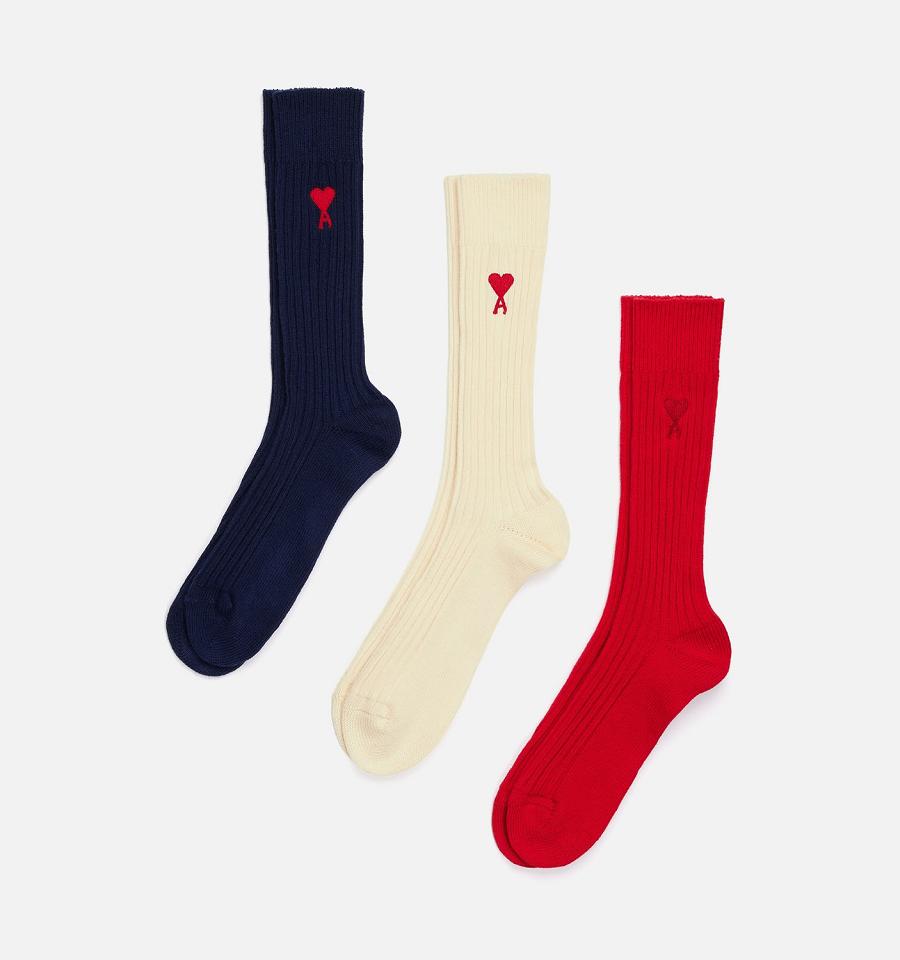 Ami Paris Three Pack Ami de Coeur Socks Navy / Beige / Red | ami-MY338