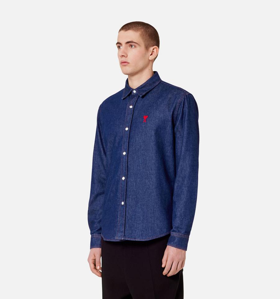 Men's Ami Paris Ami De Coeur Denim Shirts Navy | ami-MY426