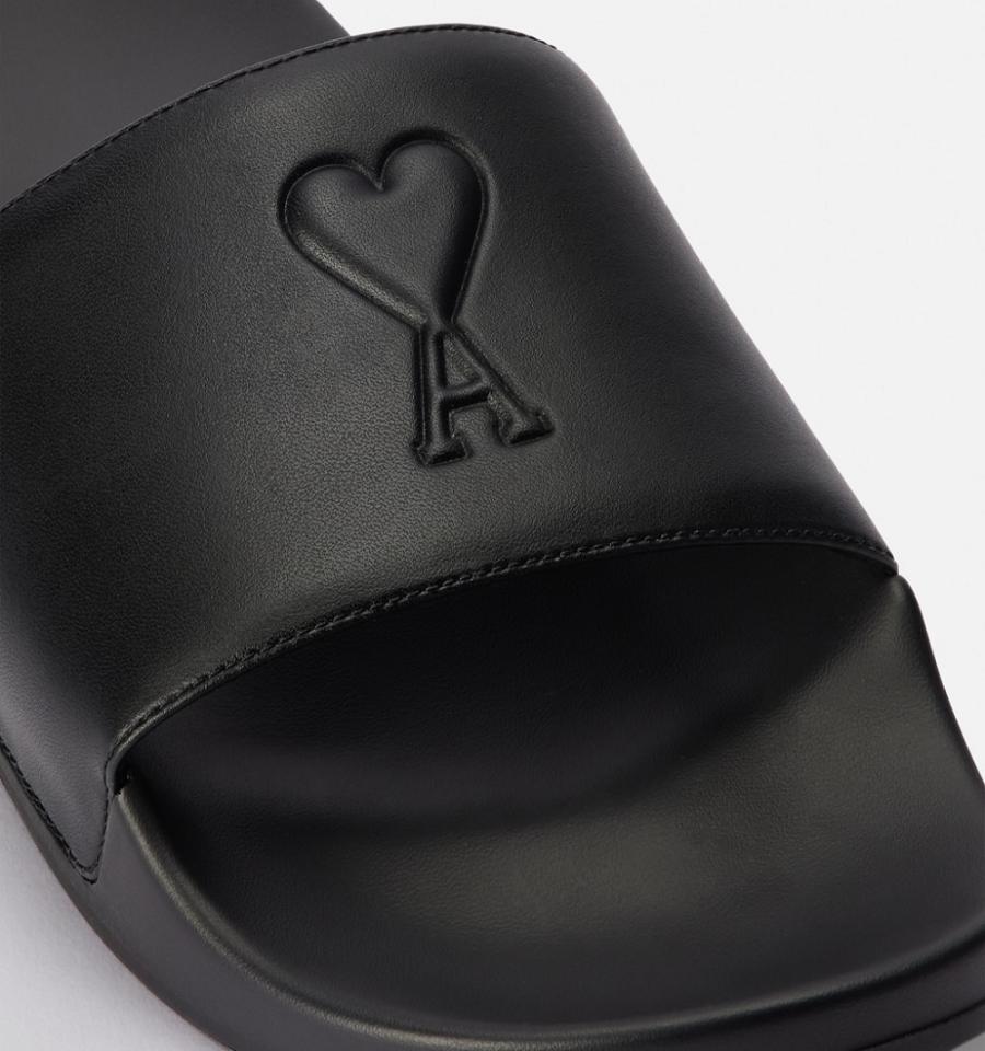 Men's Ami Paris Ami de Coeur Slides Black | ami-MY281