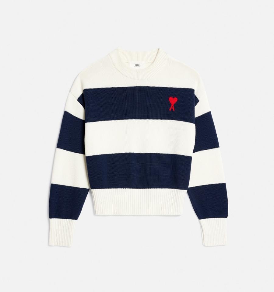 Men\'s Ami Paris Ami de Coeur With Rugby Stripes Sweaters White / Navy | ami-MY116