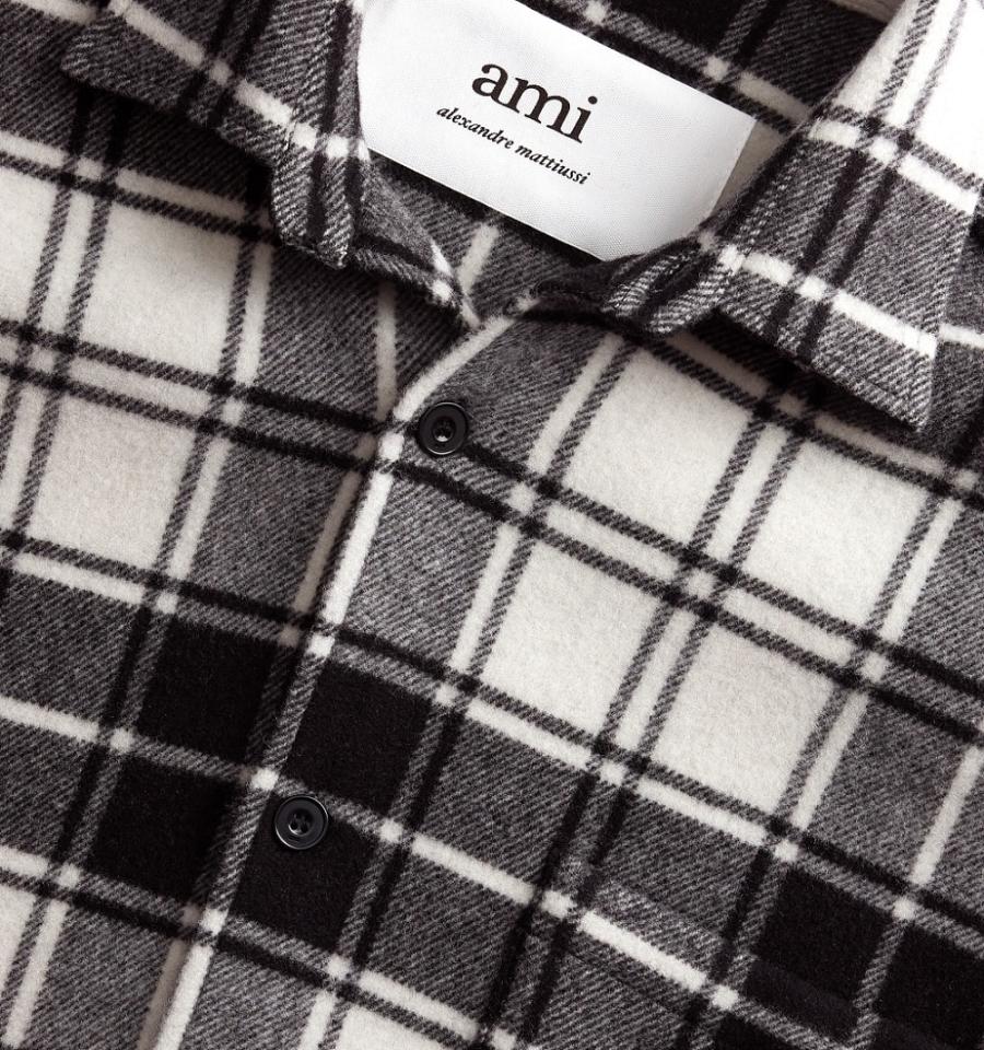 Men's Ami Paris Checked Overshirt With Print Jackets Black / White | ami-MY463