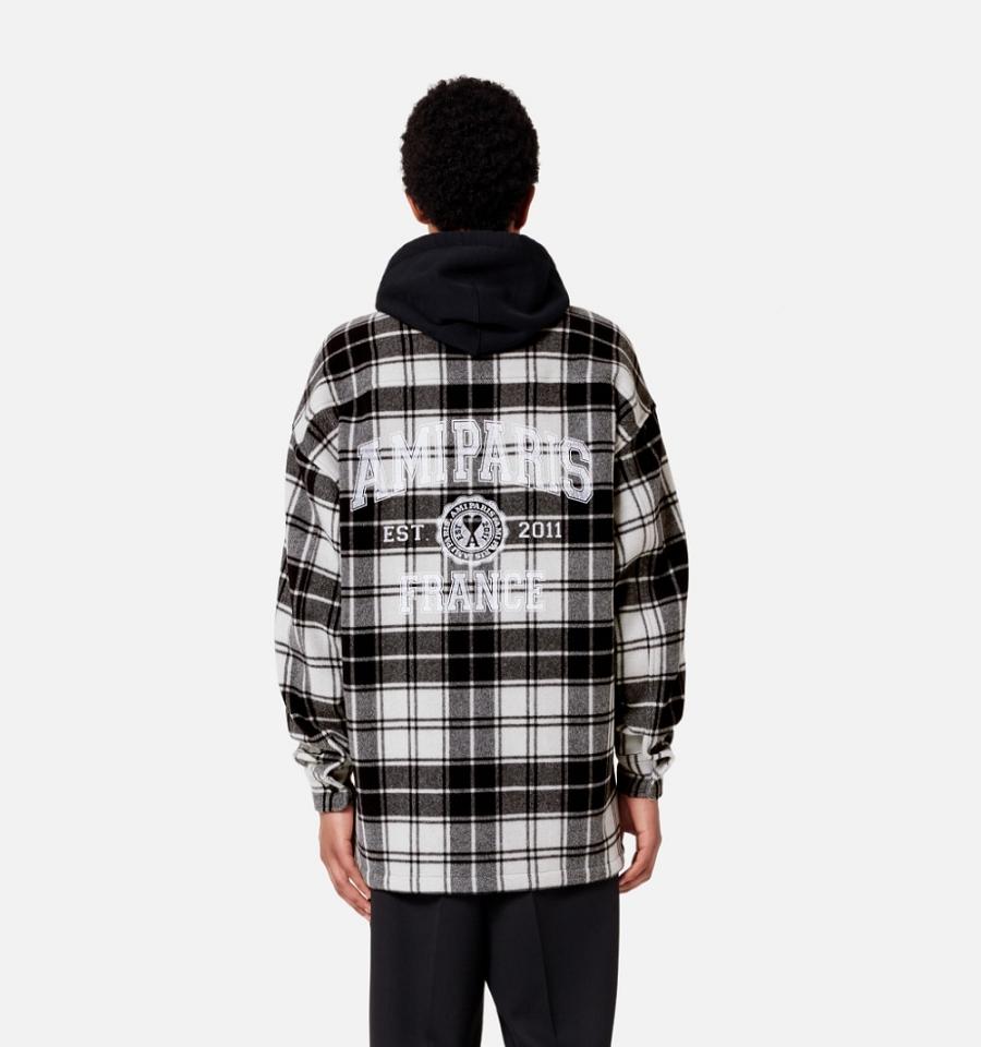 Men's Ami Paris Checked Overshirt With Print Jackets Black / White | ami-MY463