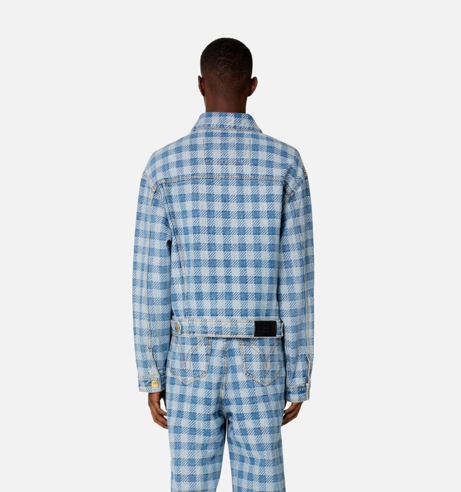 Men's Ami Paris Gingham Boxy Fit Denim Jackets Blue | ami-MY408