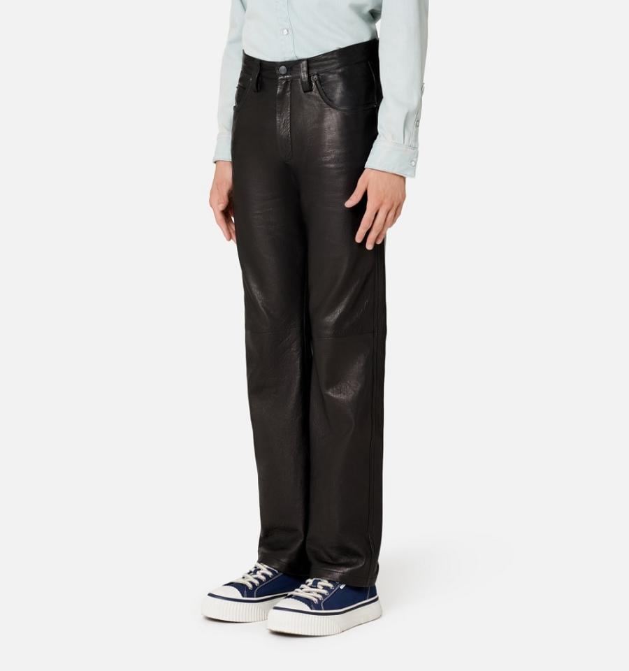 Men's Ami Paris Leather Straight Fit Pants Black | ami-MY371