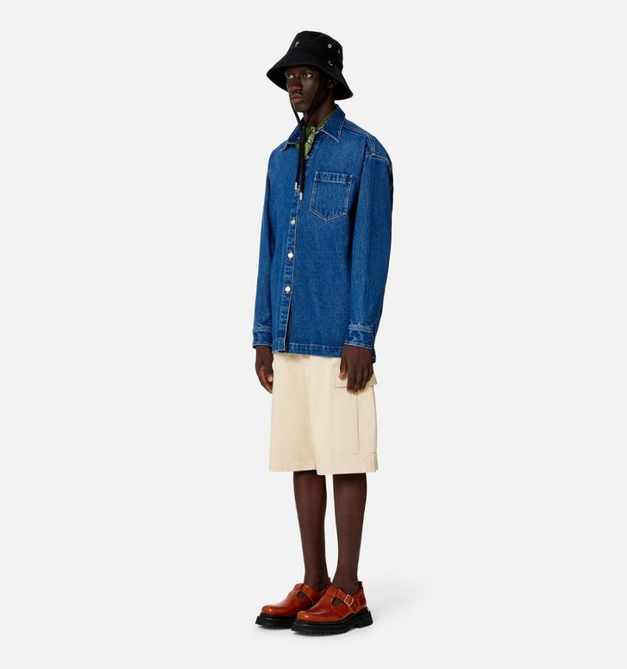 Men's Ami Paris Overshirt With Print Denim Blue | ami-MY411