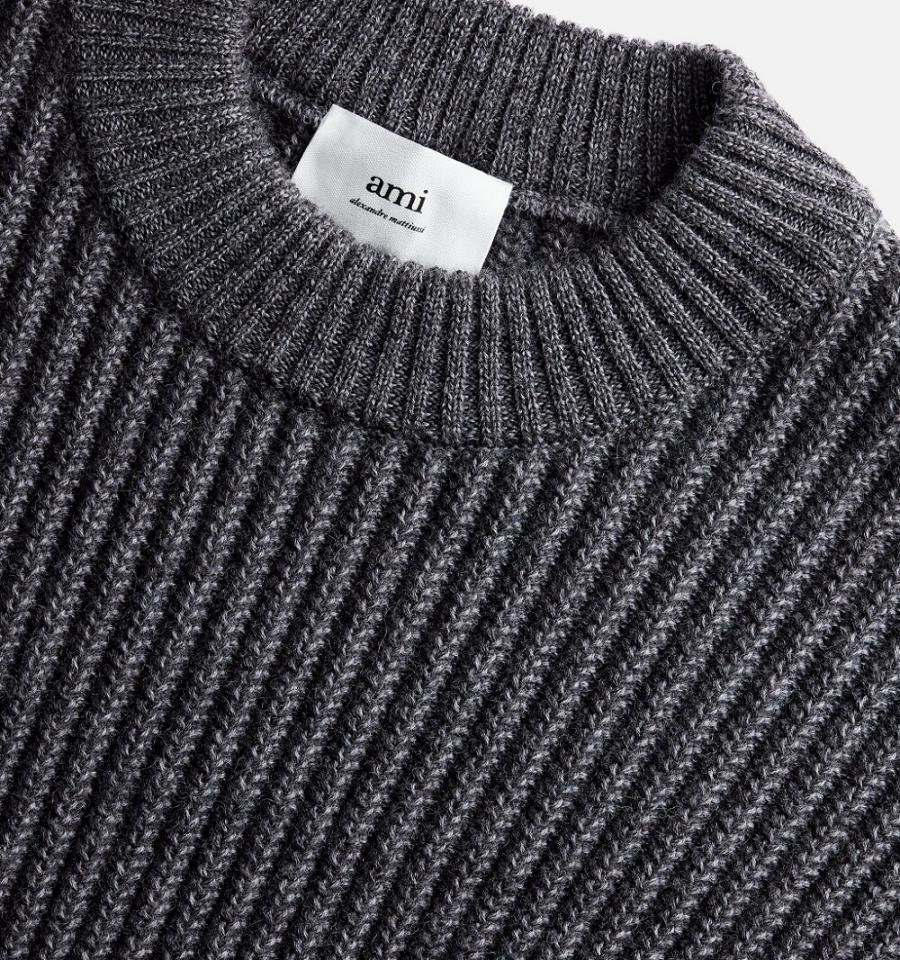 Men's Ami Paris Round Collar Ribbed Sweaters Grey | ami-MY550