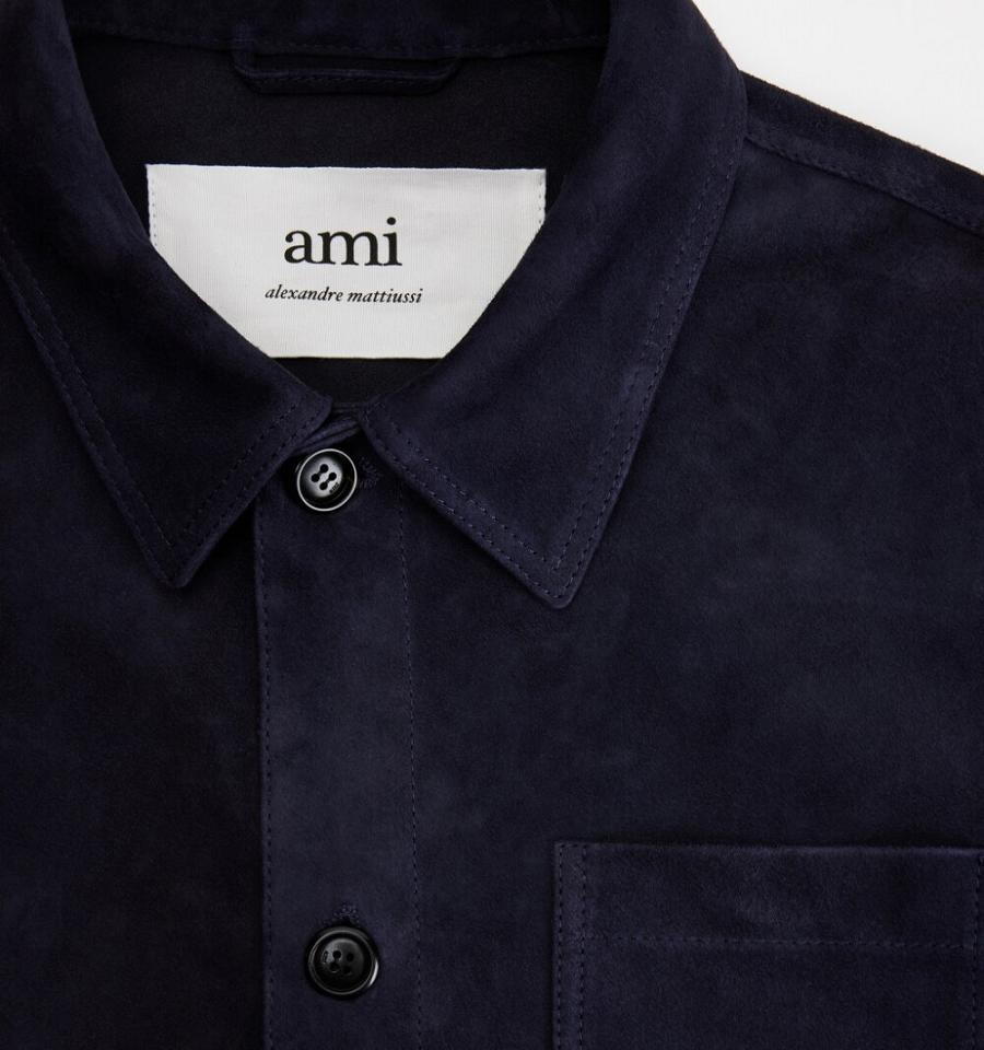 Men's Ami Paris Suede Leather Buttoned Jackets Navy | ami-MY491