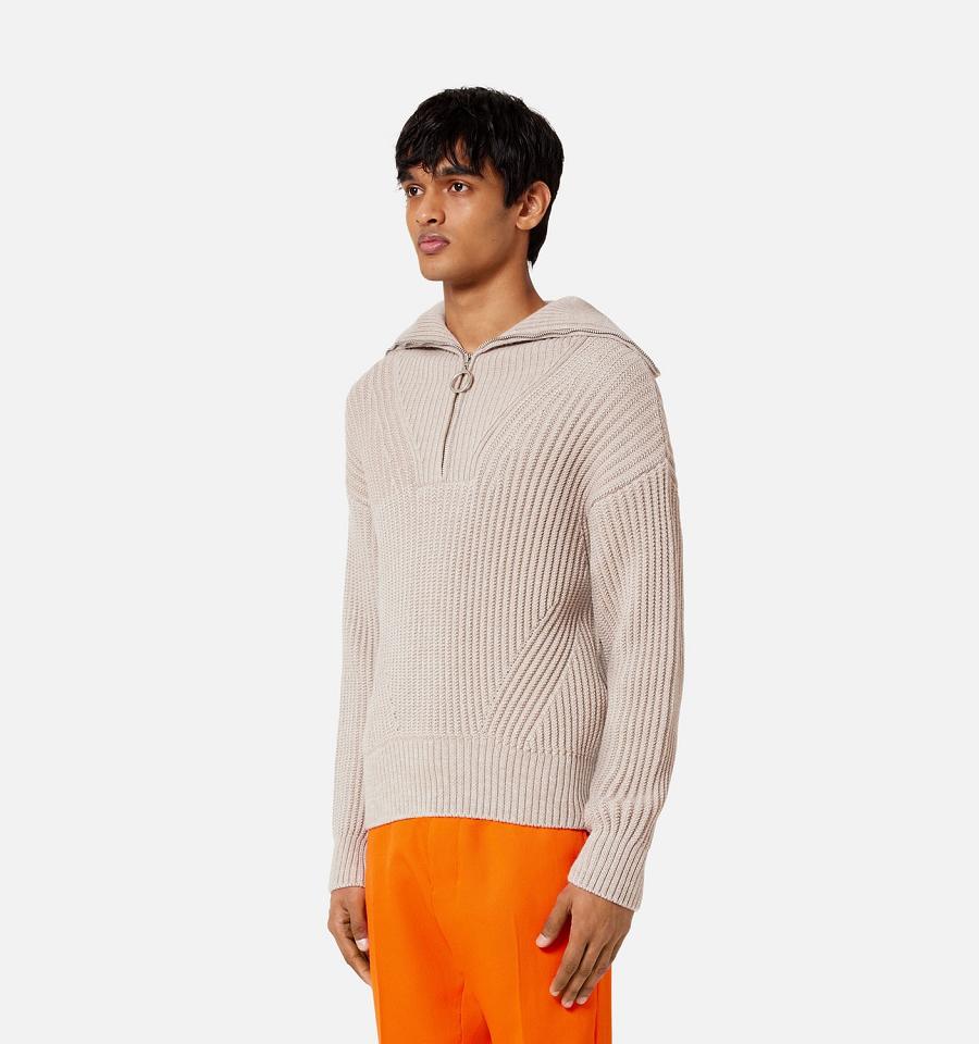 Men's Ami Paris Zipped Collar Ribbed Jumper Sweaters Beige | ami-MY289