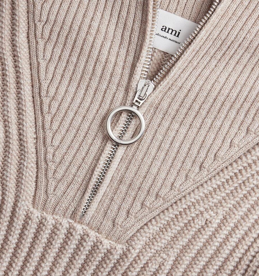 Men's Ami Paris Zipped Collar Ribbed Jumper Sweaters Beige | ami-MY289