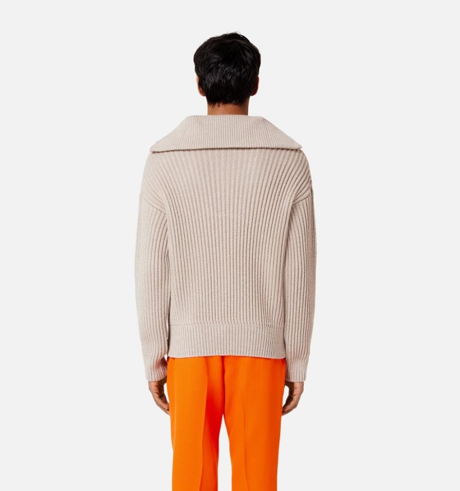 Men's Ami Paris Zipped Collar Ribbed Jumper Sweaters Beige | ami-MY289