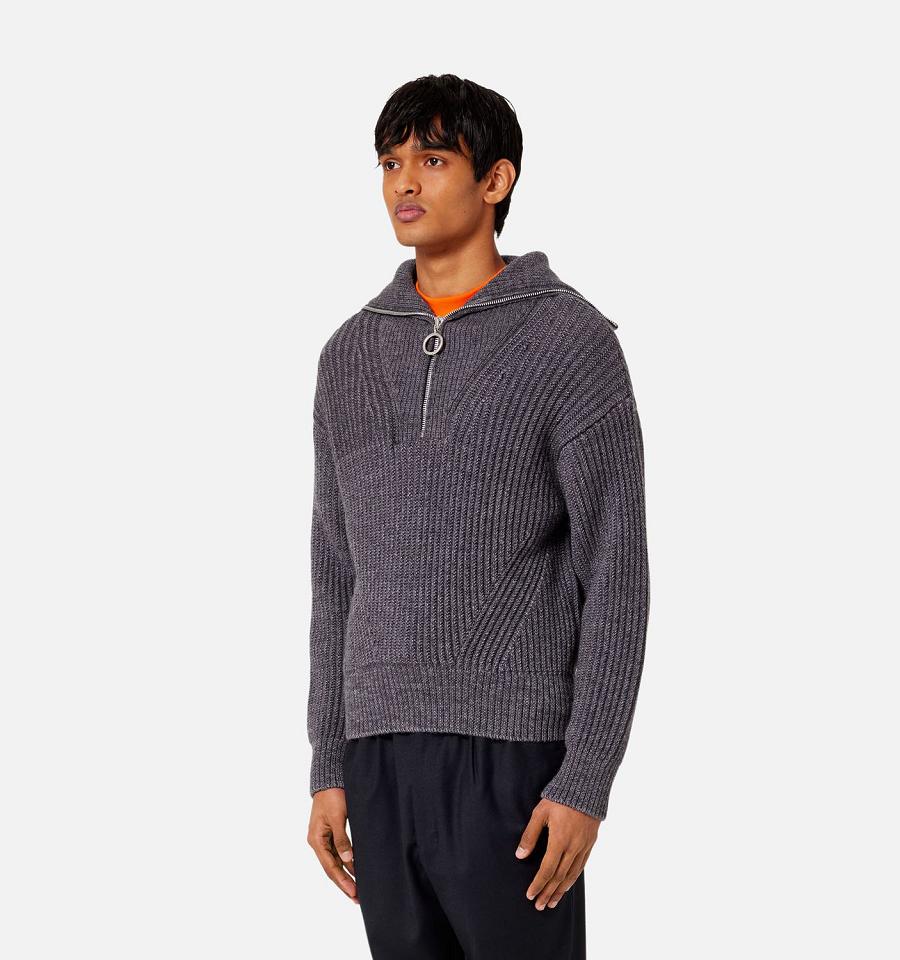 Men's Ami Paris Zipped Collar Ribbed Jumper Sweaters Grey | ami-MY539