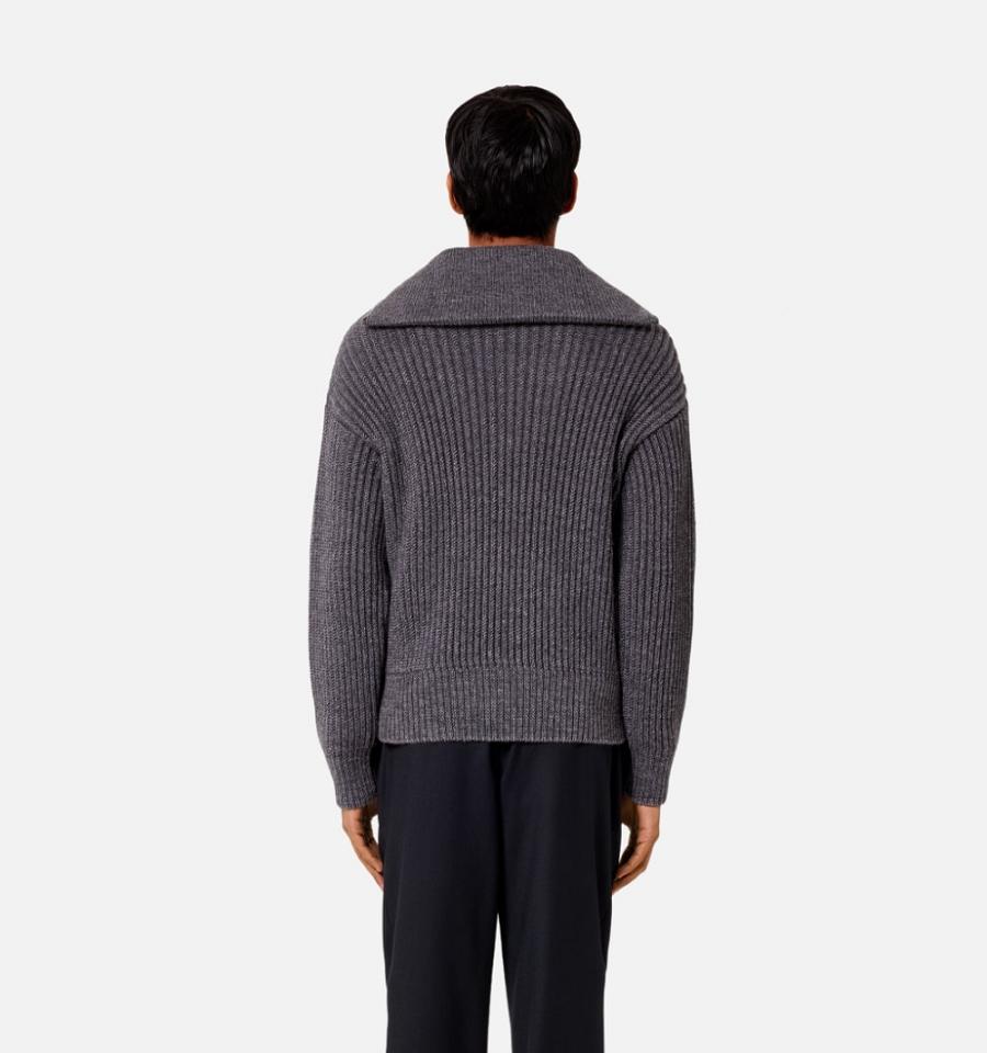 Men's Ami Paris Zipped Collar Ribbed Jumper Sweaters Grey | ami-MY539