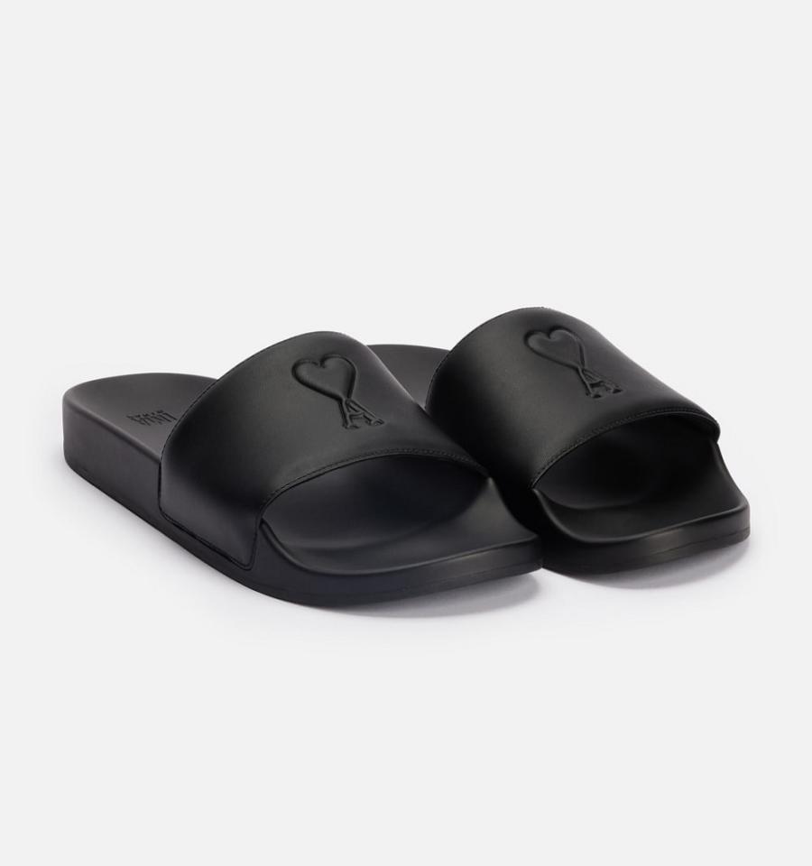 Women's Ami Paris Ami de Coeur Slides Black | ami-MY314