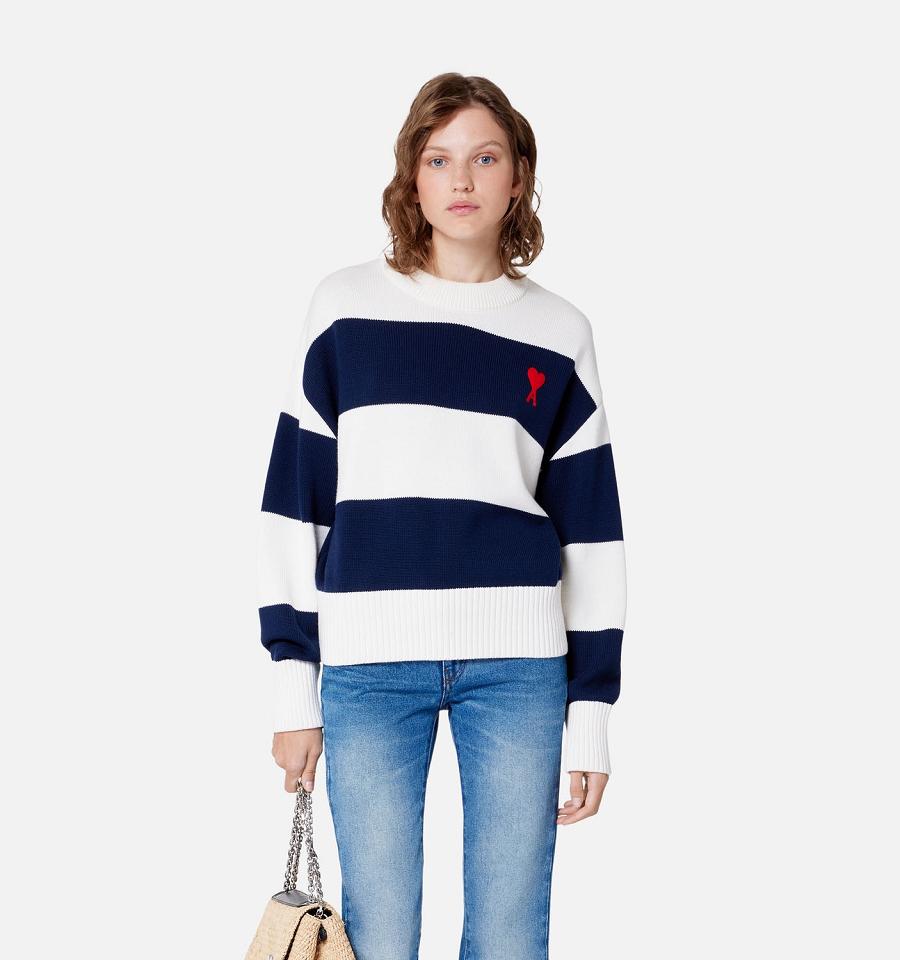 Women's Ami Paris Ami de Coeur With Rugby Stripes Sweaters Navy / White | ami-MY284