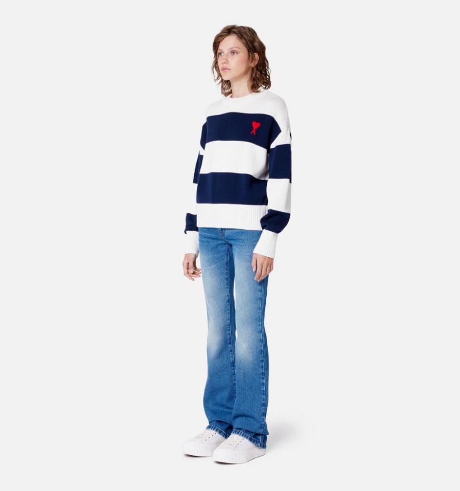 Women's Ami Paris Ami de Coeur With Rugby Stripes Sweaters Navy / White | ami-MY284