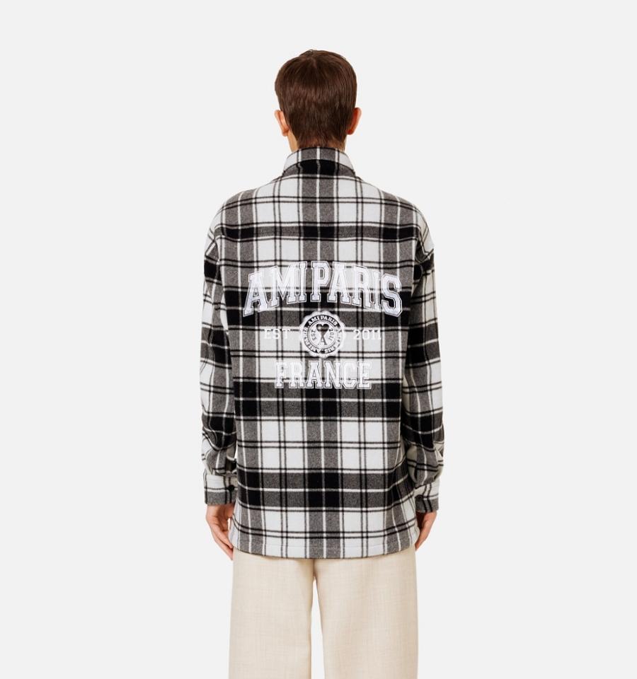 Women's Ami Paris Checked Overshirt With Print Jackets Grey | ami-MY197