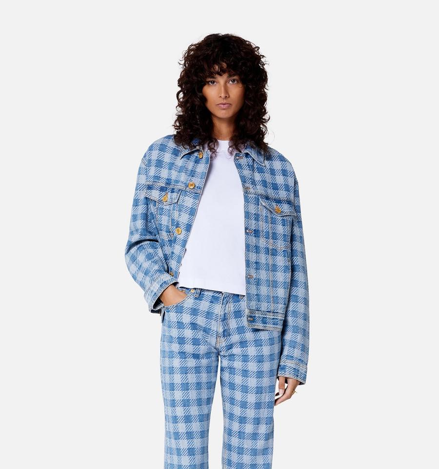 Women's Ami Paris Gingham Boxy Fit Denim Jackets Blue | ami-MY308