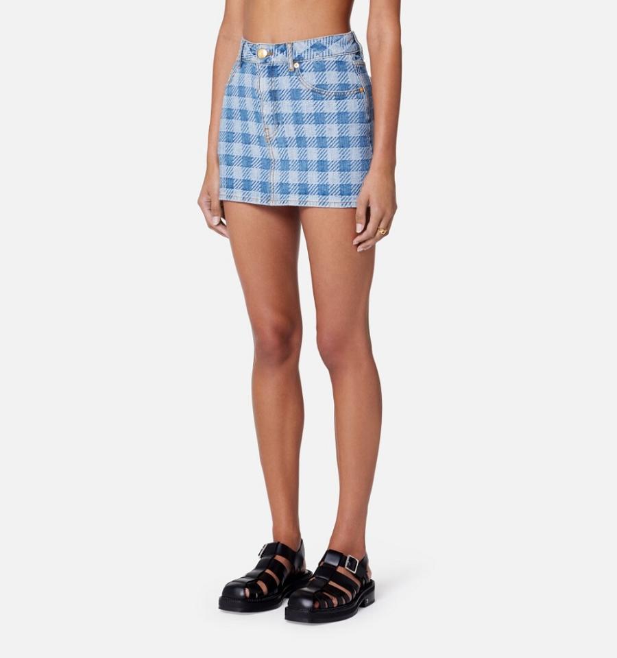 Women's Ami Paris Gingham Pattern Jacquard Mini Denim Blue | ami-MY402