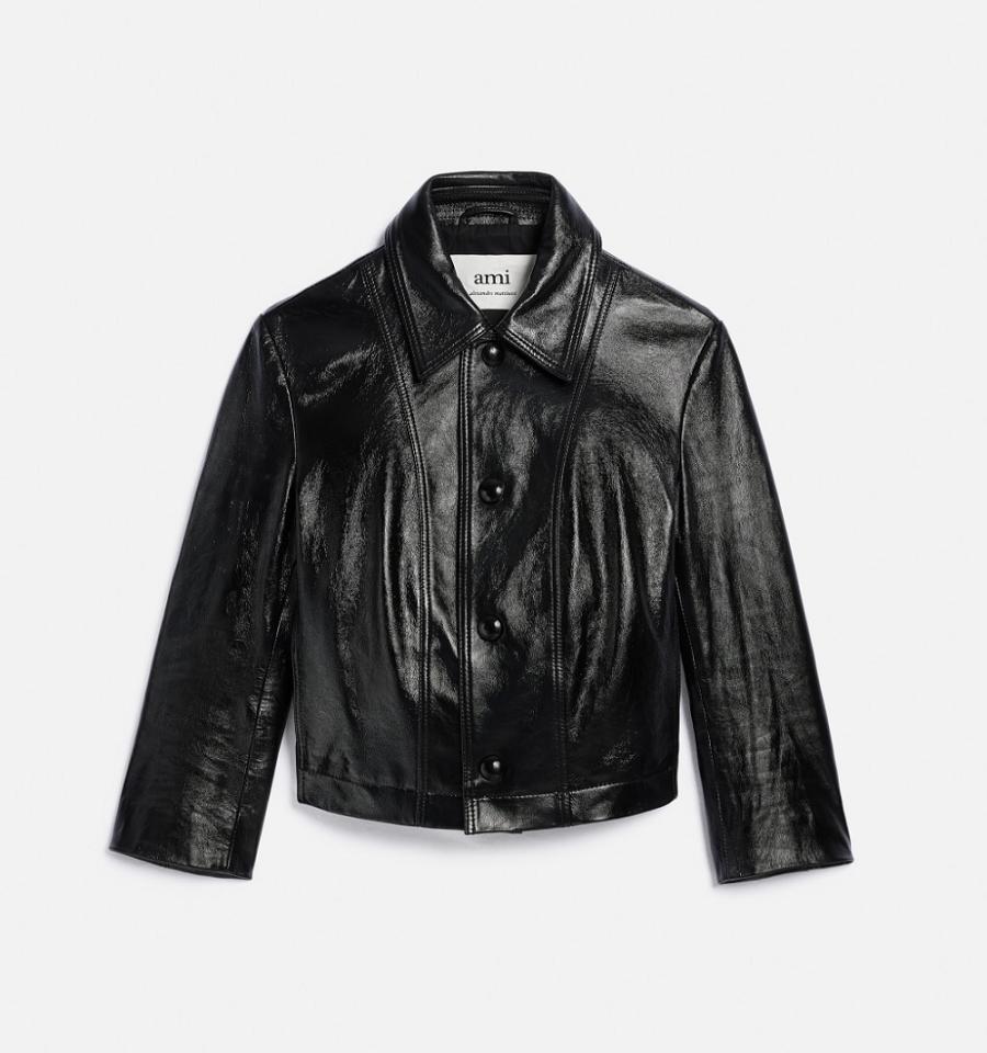 Women's Ami Paris Short Leather Buttoned Jackets Black | ami-MY593