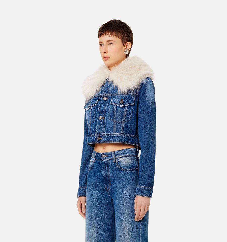 Women's Ami Paris With Synthetic Fur Collar Denim Blue | ami-MY110