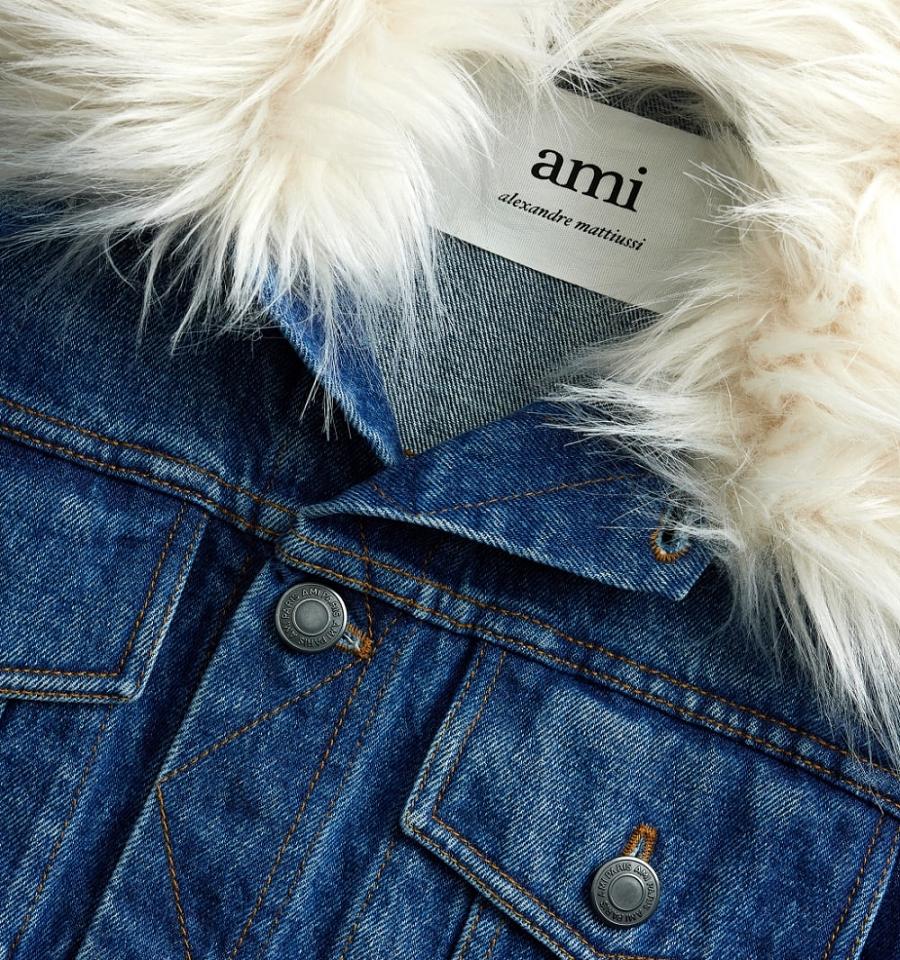 Women's Ami Paris With Synthetic Fur Collar Denim Blue | ami-MY110