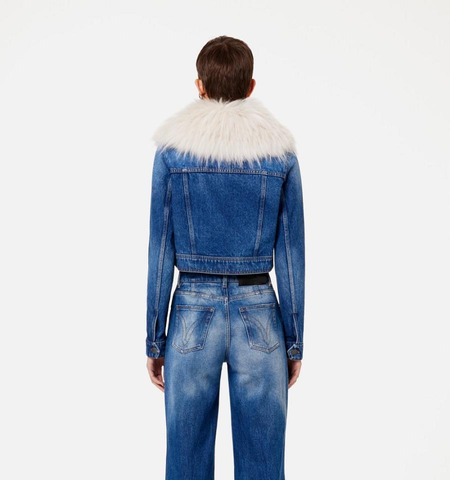 Women's Ami Paris With Synthetic Fur Collar Denim Blue | ami-MY110