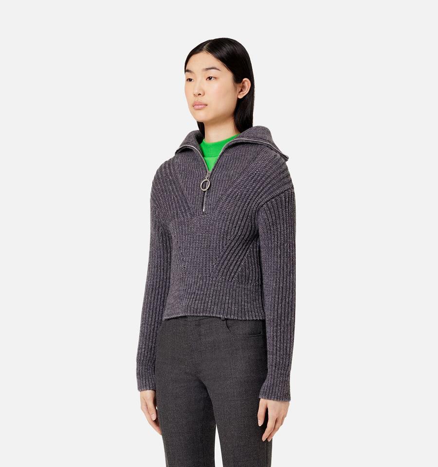 Women's Ami Paris Zip Collar Ribbed Jumper Sweaters Grey | ami-MY210